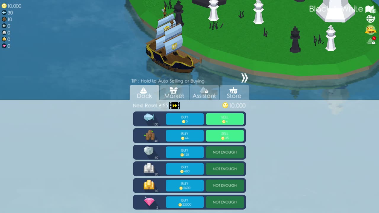 The docked island market with goods, prices and buy and sell controls